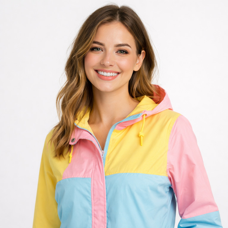 Szopy.pl - Moda odzież na miarę twoich oczekiwań Młoda uśmiechnięta kobieta w kolorowej wiosennej kurtce damskiej na białym tle – Szopy.pl
