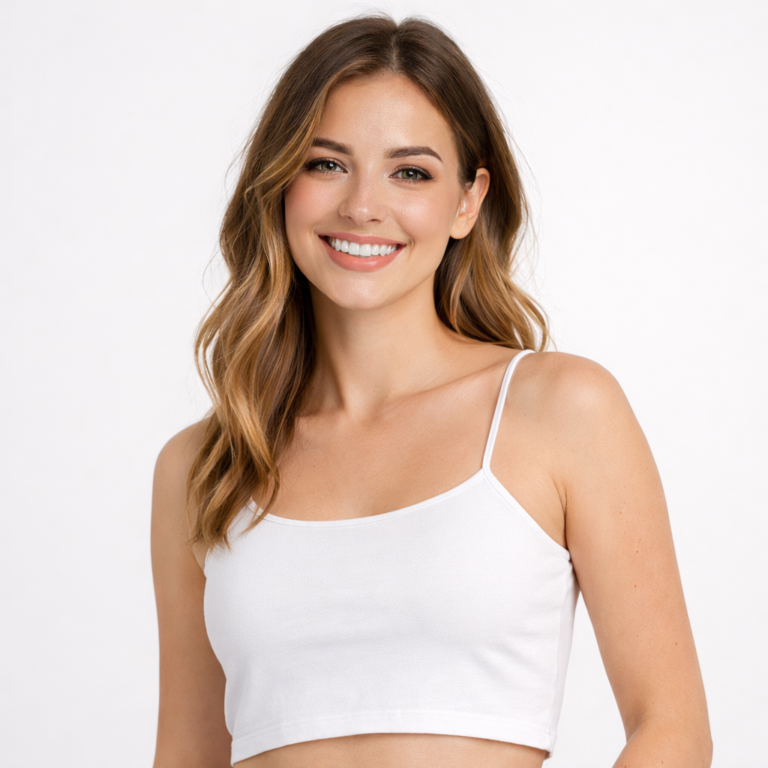 Szopy.pl - Moda odzież na miarę twoich oczekiwań Młoda uśmiechnięta kobieta w białym krótkim topie damskim na białym tle – Szopy.pl